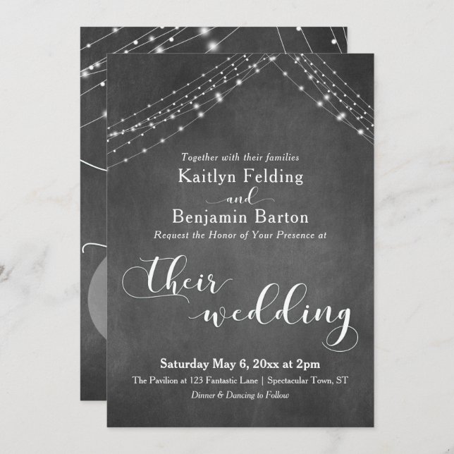 Chalkboard White Light Strings Calligraphy Wedding Invitation (Front/Back)