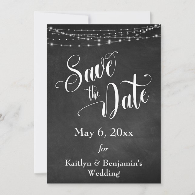 Chalkboard, White Lights & Script, Save the Date (Front)