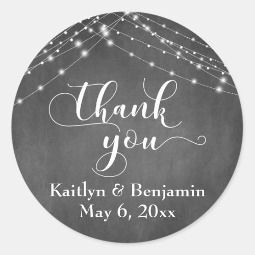 Chalkboard  White Lights Wedding Script Thank You Classic Round Sticker