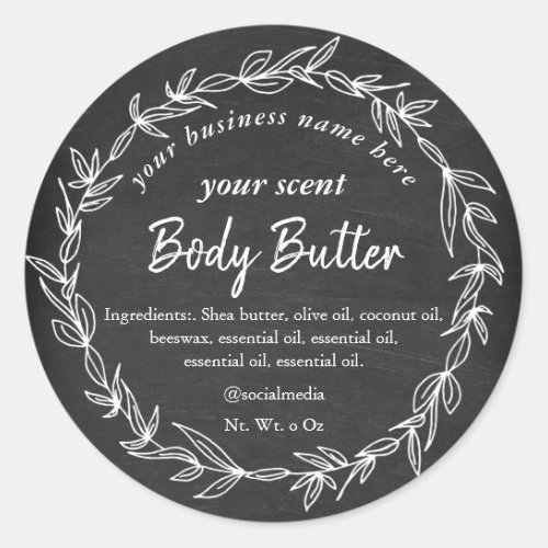 Chalkboard white rustic wreath body butter classic round sticker