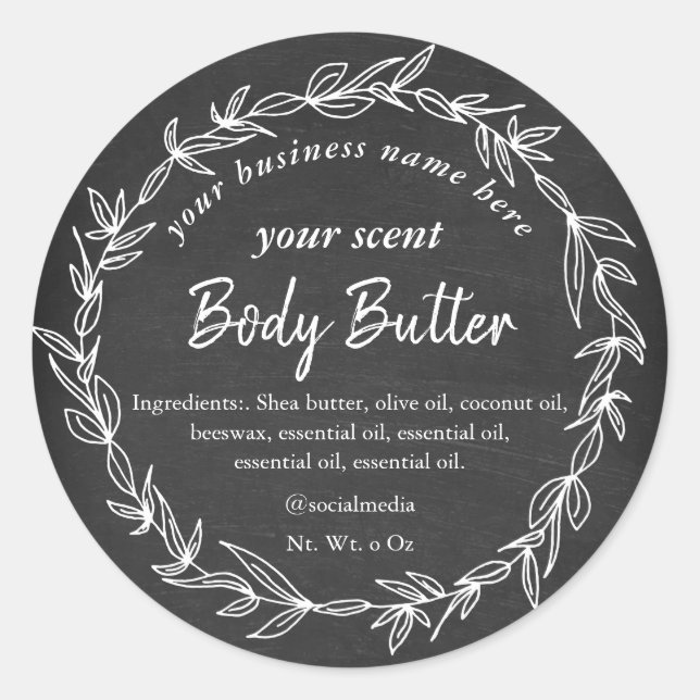 Chalkboard white rustic wreath body butter classic round sticker (Front)
