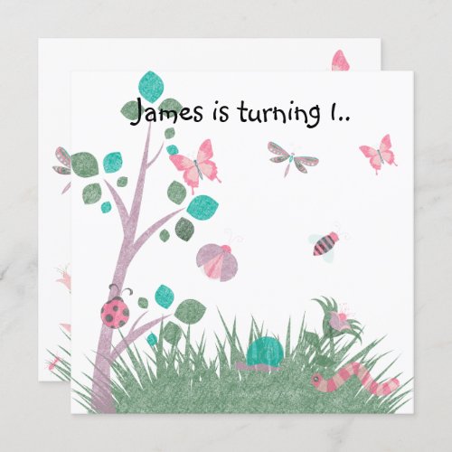 CHALKBOARD WHITE WOODLAND BUG BUTTERFLIES BIRTHDAY INVITATION