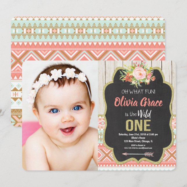 Chalkboard wild one girl 1st birthday photo invitation (Front/Back)