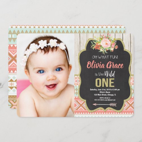 Chalkboard wild one girl 1st birthday photo invitation