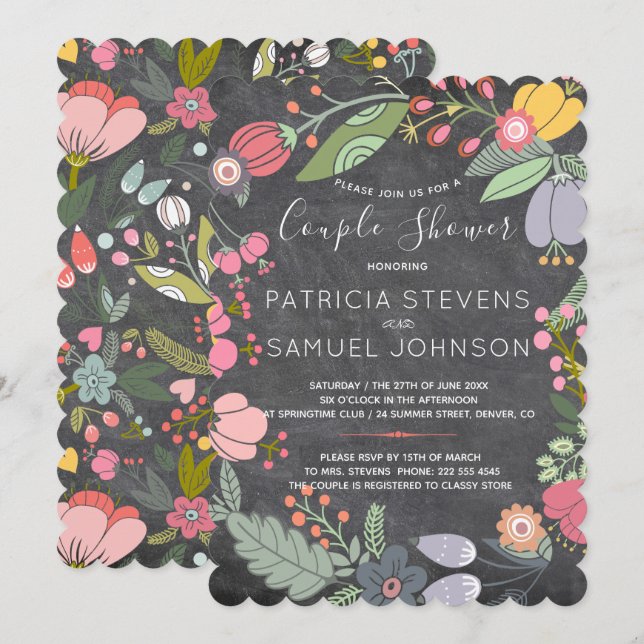 Chalkboard wildflowers meadow wreath couple shower invitation (Front/Back)