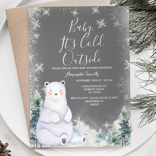 Chalkboard Winter Bear Baby Shower White Snowflake Invitation