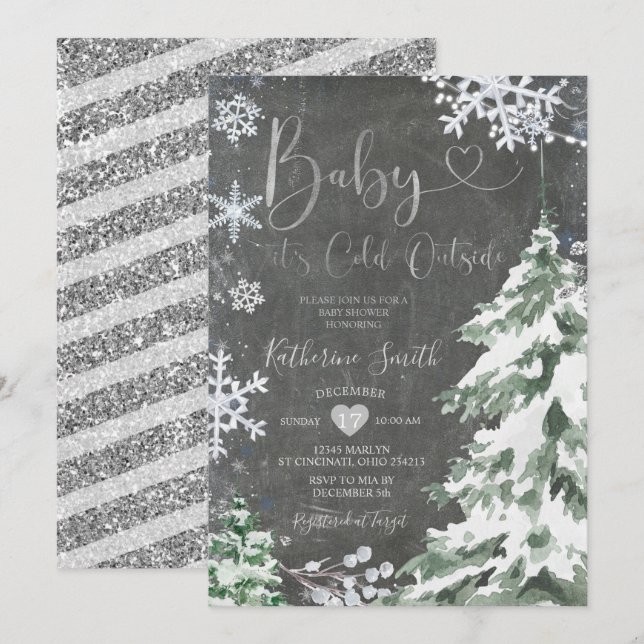 Chalkboard Winter Cold Baby Shower Forest Silver  Invitation (Front/Back)