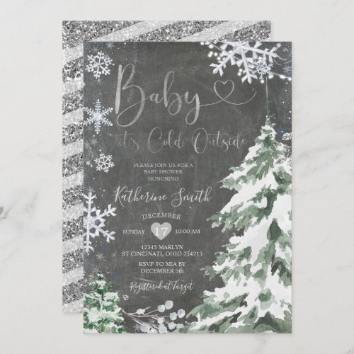 Chalkboard Winter Cold Baby Shower Forest Silver  Invitation