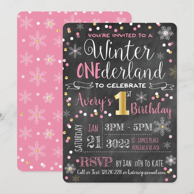Chalkboard Winter ONE-derland First Birthday Invitation (Front/Back)