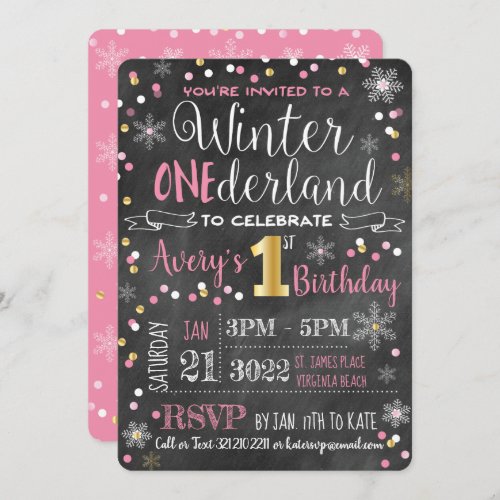 Chalkboard Winter ONE_derland First Birthday Invitation