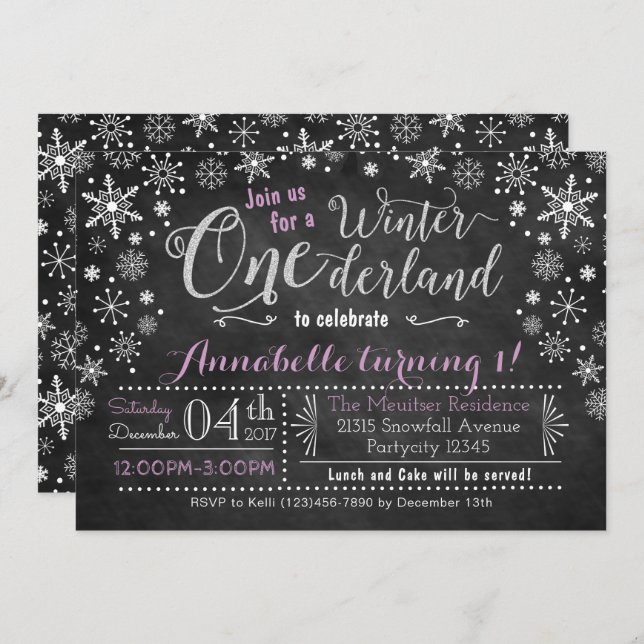 Chalkboard Winter ONEderland Birthday Invitation (Front/Back)