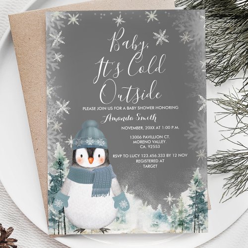 Chalkboard Winter Penguin Baby Shower Snowflakes Invitation