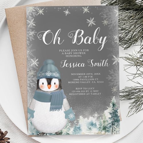 Chalkboard Winter Penguin Oh Baby Shower Forest Invitation