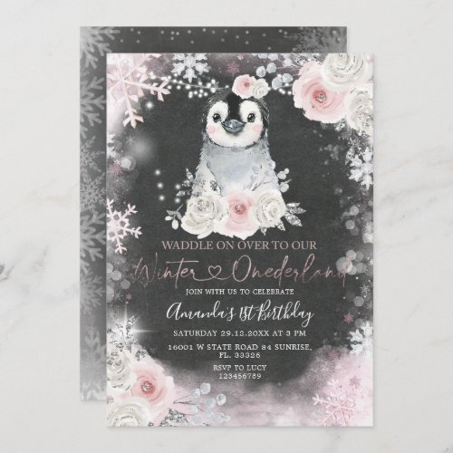 Chalkboard Winter Penguin Pink Flowers Birthday  Invitation