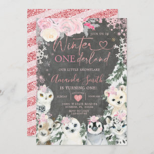 Chalkboard Winter Pink Animal Onederland Birthday Invitation