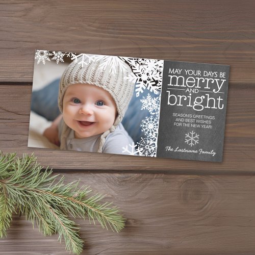 Chalkboard with 1 Photo and snow _ merry bright Holiday Card