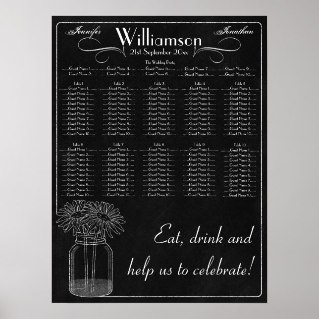 Chalkboard with Mason Jar & Daisy Wedding Seating Poster (Front)