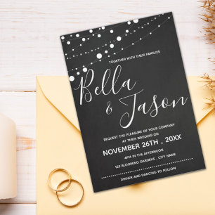 Chalkboard With String Lights Black White Wedding Invitation