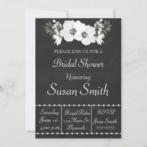 Chalkboard With White Flowers Anemone Bridal Showe Invitation