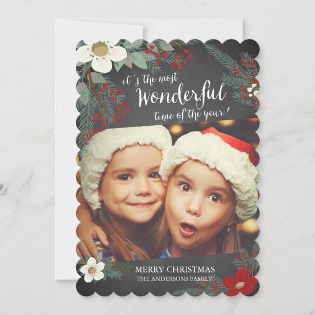 Chalkboard Wonderful Christmas Floral Photo Card (Front)