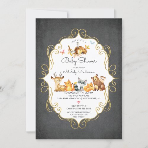 Chalkboard Woodland Animals Boys Baby Shower Invitation