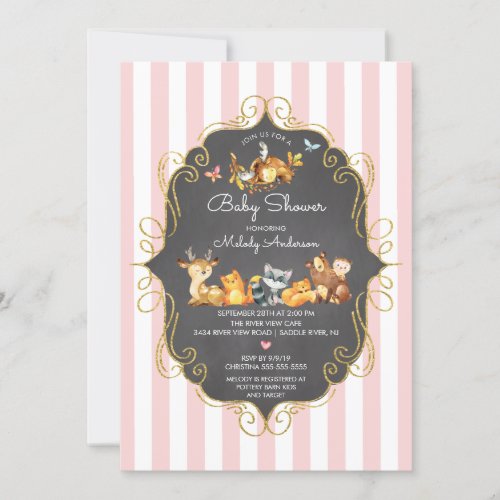 Chalkboard Woodland Animals Girls Baby Shower Invitation