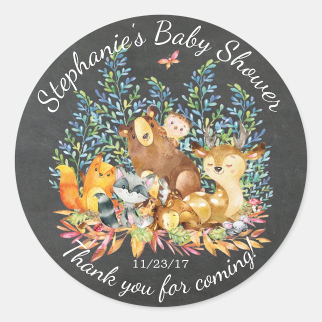 Chalkboard Woodland Baby Shower Favor Sticker (Front)