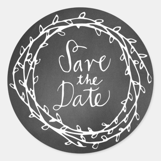 Chalkboard Wreath Wedding Save the Date Sticker (Front)