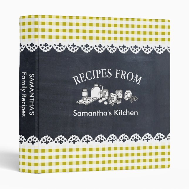 Chalkboard Yellow Gingham Country Recipe 3 Ring Binder (Front/Spine)