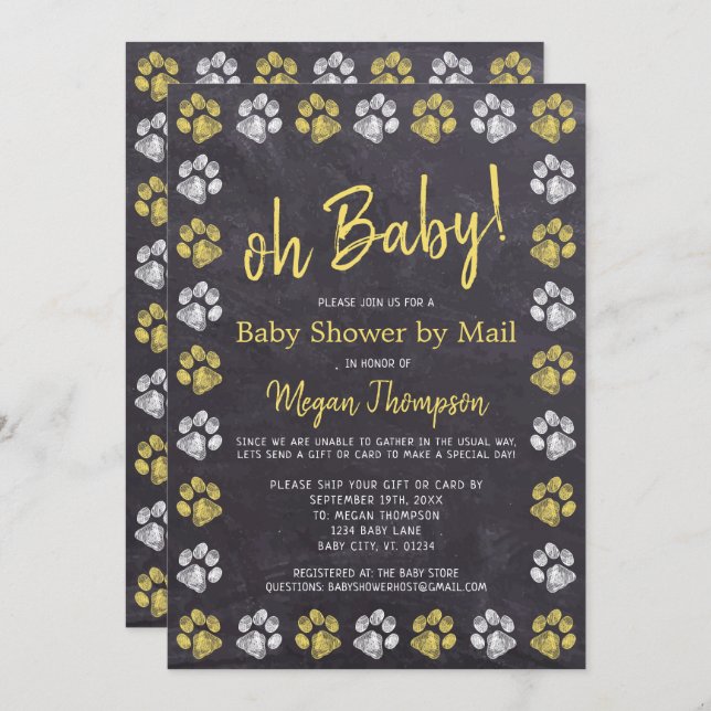Chalkboard Yellow Gray Baby Shower By Mail Invitation (Front/Back)