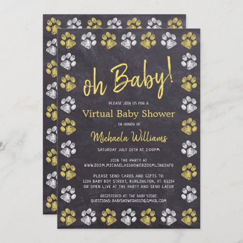 Chalkboard Yellow Paw Print Virtual Baby Shower Invitation