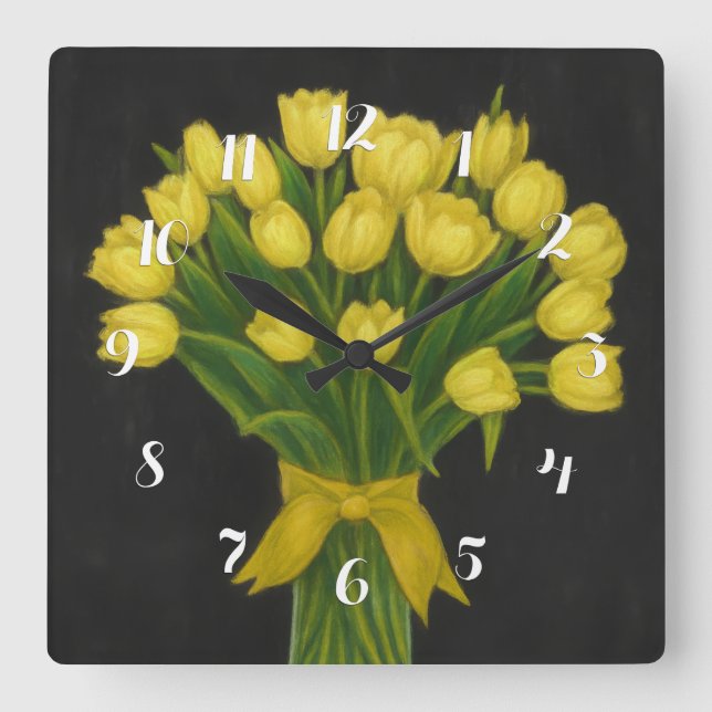 Chalkboard Yellow Tulips Square Wall Clock (Front)