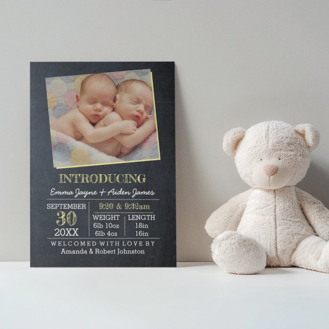 Chalkboard Yellow Twins Photo Birth Announcement (Creator Uploaded)