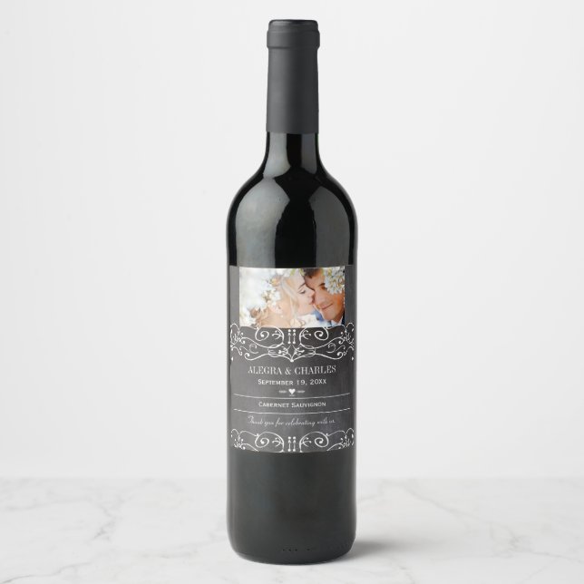 Chalkboard Your Photo Date Name Wedding Wine Label (Front)
