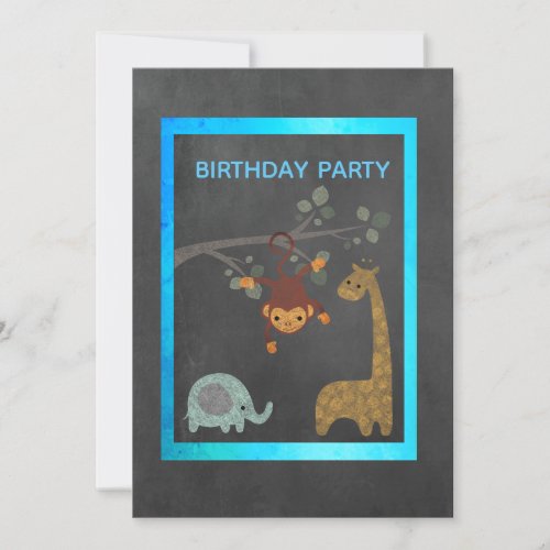 Chalkboard zoo animals birthday party blue invitation