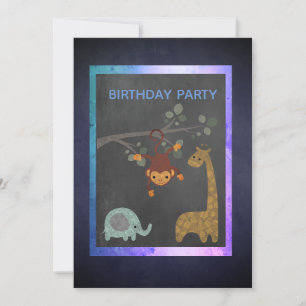 Chalkboard zoo animals blue birthday party invitation