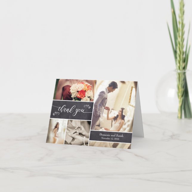 Chalked Photo Collage Rustic Wedding Thank You Card (Front)