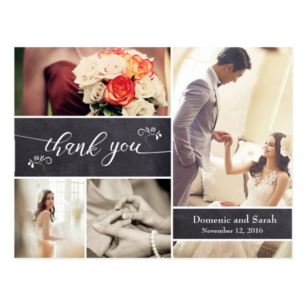 Chalked, Photo Collage Rustic Wedding Thank You Postcard