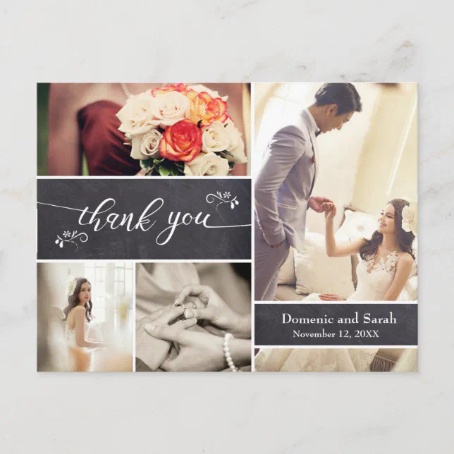 Chalked Photo Collage Rustic Wedding Thank You Postcard | Zazzle