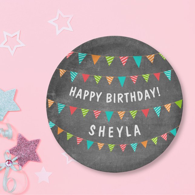 Chalkoard Bunting Flag Name Birthday Party Paper Plates (Creator Uploaded)