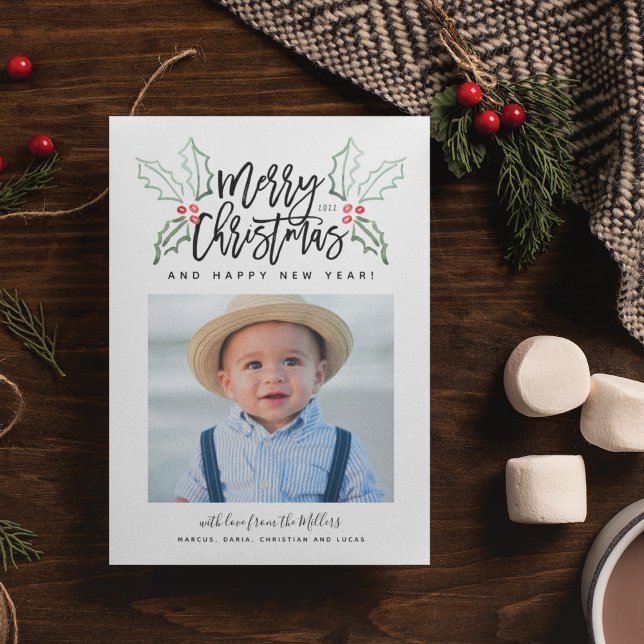 Chalky Brush Script Christmas Hollies Photo Holiday Card (Creator Uploaded)