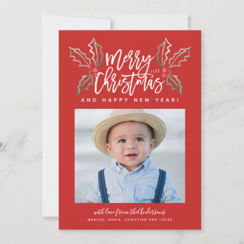 Chalky Brush Script Christmas Hollies Photo Red Holiday Card