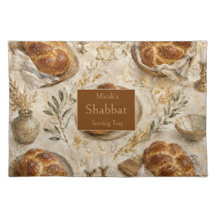 Challah Botanical, Beige Gold, Rustic Shabbat Cloth Placemat