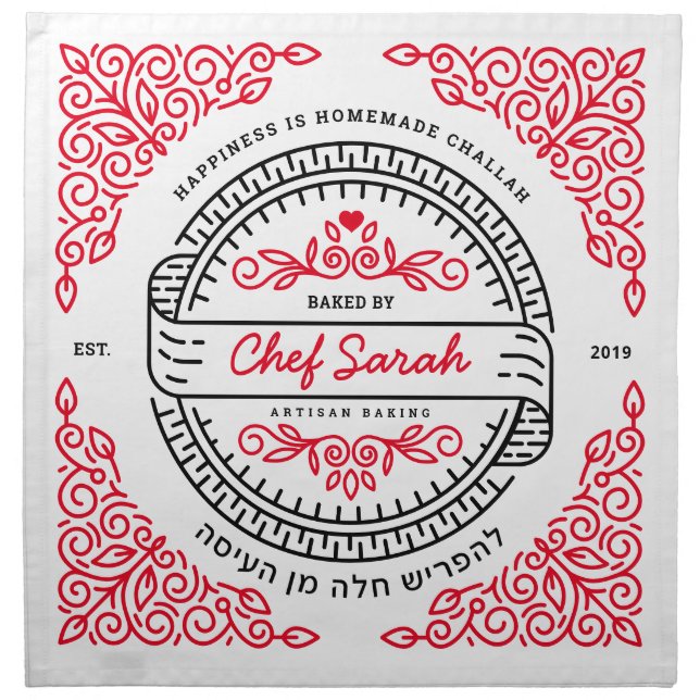 Challah Dough Cover Line Art. Red/Black Cloth Napkin (Front)