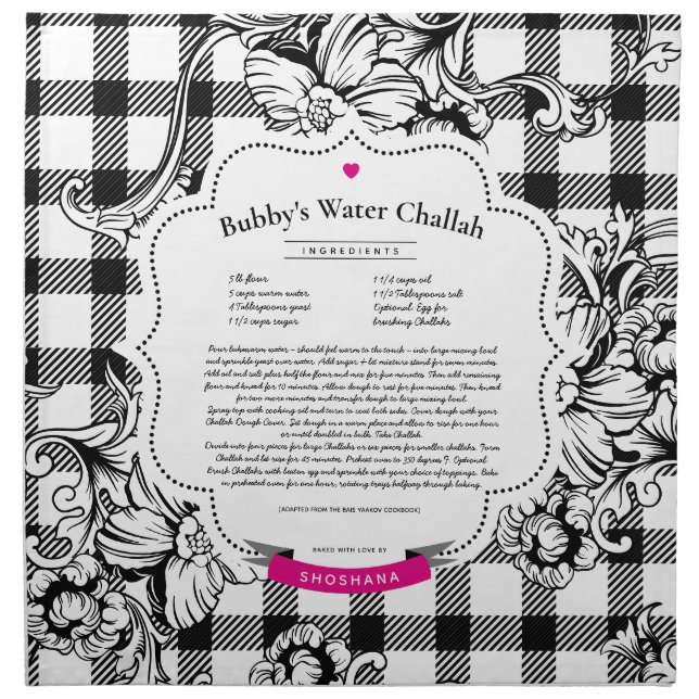 Challah Dough Cover Plaid Floral. Your Own Recipe Cloth Napkin (Front)