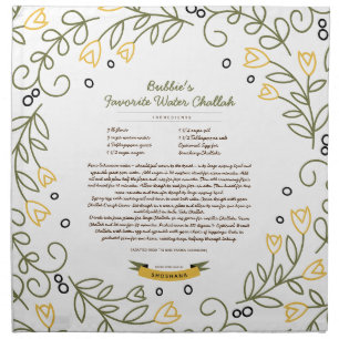 Challah Dough Cover. Print Your Own Recipe Cloth Napkin