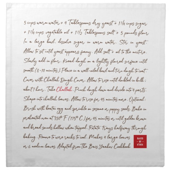 Challah Dough Cover. Recipe Series Customize Box C Cloth Napkin (Front)