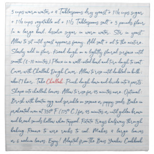 Challah Dough Cover. Recipe Series Lined Cloth Napkin