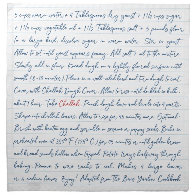 Challah Dough Cover. Recipe Series Lined Cloth Napkin (Front)