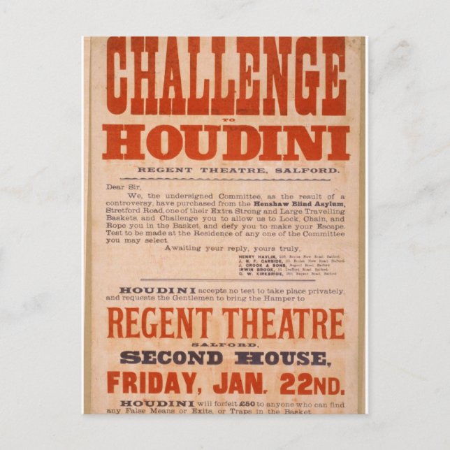 Challenge to Houdini Vintage Theater Postcard (Front)